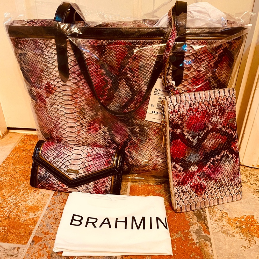 NWT! Brahmin Aynsley Brook Snake Print Tote With Makeup Bag!